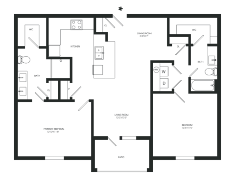 Floor plan for 2 beds, 2 baths, 1074 sqft
